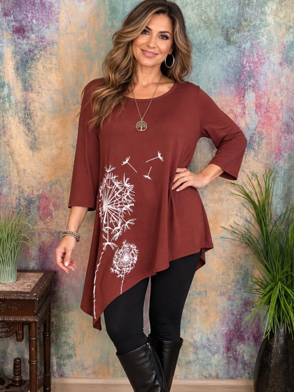 NWOT 📌 Nlife Dandelion Print Asymmetrical Hem Tunic Top